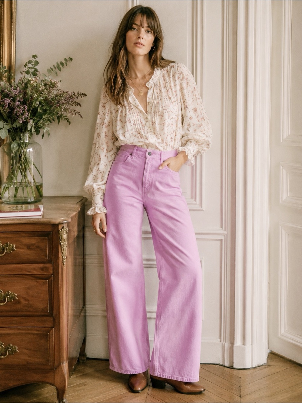 NWT Old Navy Woman Pink Denim High Rise Wide Leg Jeans US8 Boho Twee Country